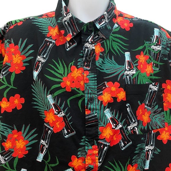 Coca-Cola Black Men XXL Hawaiian Button Up Shirt Floral Tropical Print - Picture 4 of 10
